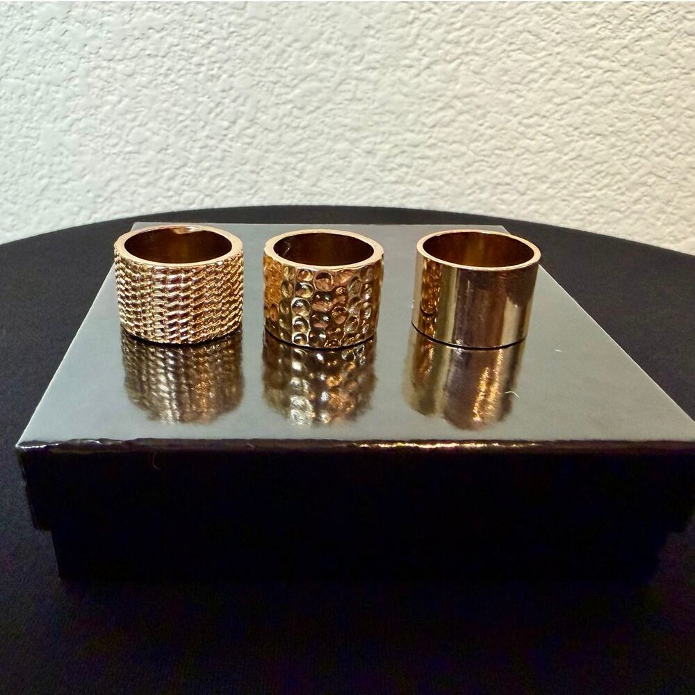 Gold Geometric Ring Set Textured Band Cutout Rhinestone Stacking Rings - Picture 6 of 11